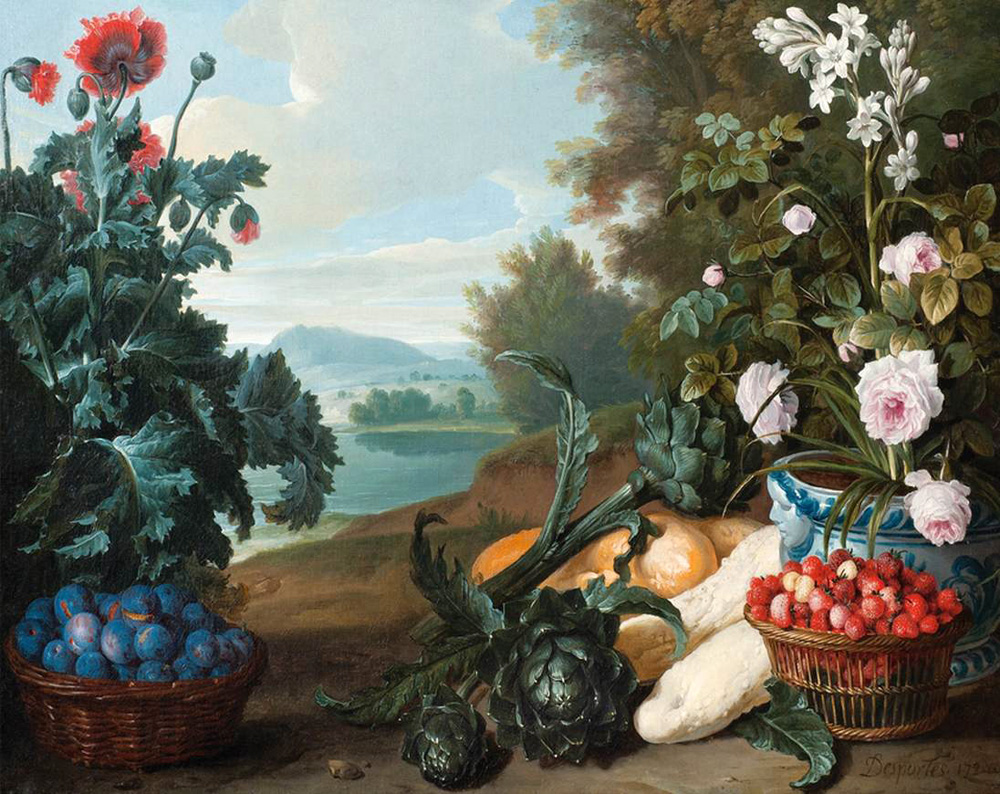 fruits flowers and vegetables in a landscape